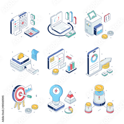 Bundle of Digital Finance and Banking Isometric Illustrations, easy to edit