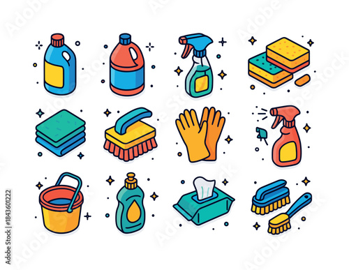 Colorful Cleaning Icons. Cleaning supplies. Colorful isometric v