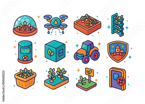 Space Farming Icons. Space colony farming. Colorful isometric ve