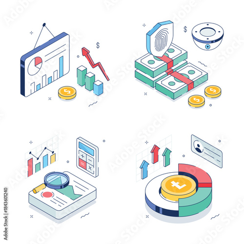 An eye catching isometric illustrations set of finance and accounting isolated on white background