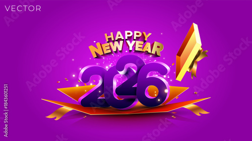 Vibrant open red gift box exploding and revealing "Happy New Year 2026." Festive celebration vector illustration concept design.

