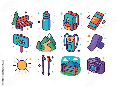 Trail Rest Stop Icons. Trail rest stop. Colorful isometric vecto