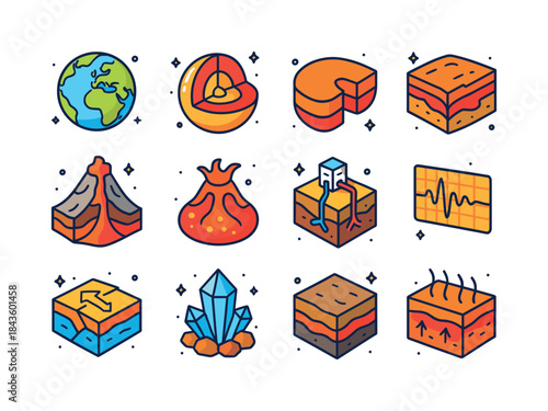 Earth's Layers Icons. Planet Core. Colorful isometric vector ico