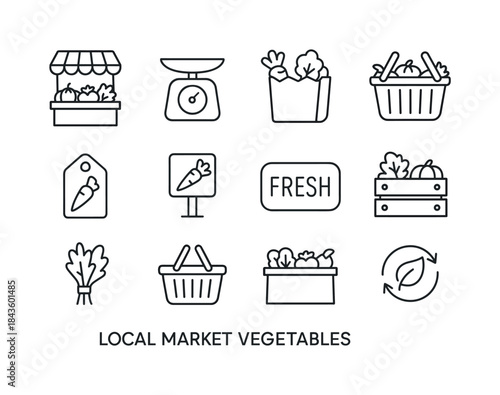 Market Vegetable Icons. Local market vegetables. Line icon set o