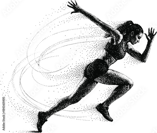 Female runner sprinting silhouette with particle effect, dynamic athletic motion expressing speed, power, and energy for fitness, sports performance, and modern abstract vector illustration
