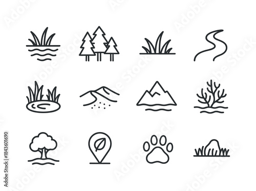 Natural Habitat Icons. Natural Habitats. Line icon set of Natura
