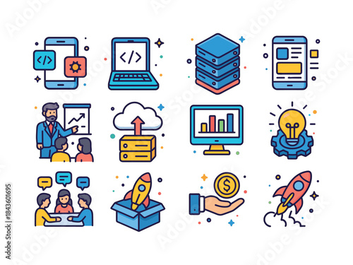Tech Startup Icons. Tech Startups. Colorful isometric vector ico