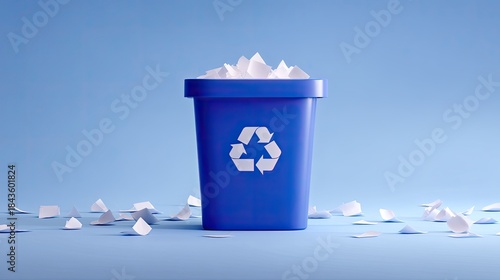 Blue recycling bin filled with crumpled paper in a light blue setting showcasing waste management and eco-friendly practices in an office environment