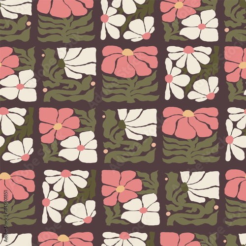 Floral Seamless Pattern. Groovy Flower Folk. Organic Plants Ornament on brown Background in trendy naive retro hippie 60s 70s. Abstract Contemporary Aesthetic. Vector Illustration. Not AI