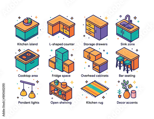 Colorful Isometric Kitchen Icons. Kitchen layout. Colorful isome