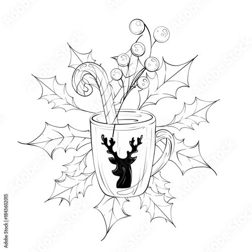 Holiday Mug With Reindeer Design and Festive Decorations Cozy and Charming Illustration for Winter Celebrations and Seasonal Festivities