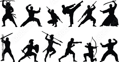 Martial arts warrior silhouettes set showing fighters with swords, spears, bows, kicks, punches, traditional combat poses for dynamic vector illustration