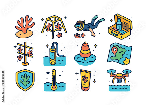 Coral Reef Conservation Icons. Coral reef protection. Colorful i