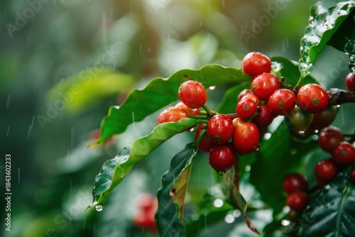 Close-up of ripe red coffee cherries growing on a branch with dark glossy green leaves