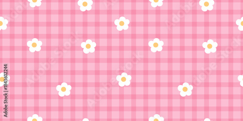 Seamless pink gingham pattern with small white daisy flowers and yellow centers. Soft kawaii background perfect for Valentine cards, wrapping paper, fabric, stationery and cute spring designs.