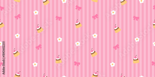 Seamless pink striped pattern with kawaii pudding desserts, bows and tiny white daisies. Sweet pastel background perfect for Valentine wrapping paper, fabric, stationery and girly romantic projects.