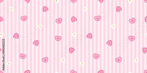 Seamless pink striped pattern with kawaii hearts, candies and little daisies. Soft Valentine background perfect for romantic wrapping paper, fabric, stationery, gifts and sweet girly projects.