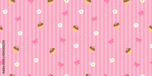 Seamless pink striped pattern with kawaii puddings, bows and tiny white daisies. Sweet romantic background perfect for Valentine wrapping paper, fabric, stationery and girly pastel projects.