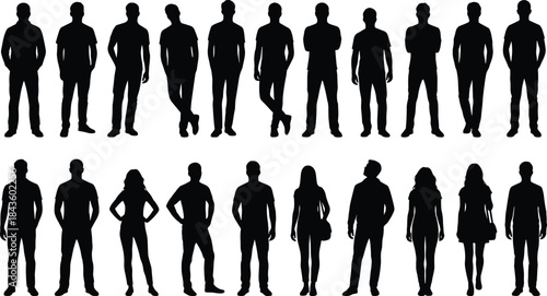 People silhouette collection showing men and women standing in various poses, full body human figures for character design, crowd scenes, lifestyle, and modern vector illustration
