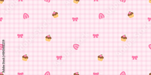 Seamless pink gingham pattern with kawaii cupcakes, bows and heart candies. Soft romantic background perfect for Valentine wrapping paper, fabric, stationery and sweet girly projects.