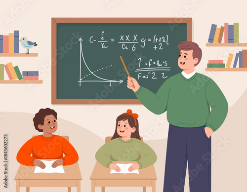 A friendly teacher engages two attentive students in a classroom setting, highlighting the importance of education and collaboration in learning through visual aids.