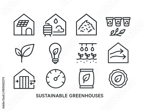 Sustainable Greenhouse Icons. Sustainable Greenhouses. Line icon