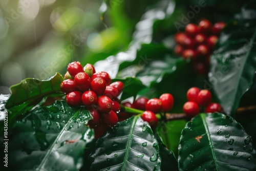 Close-up of ripe red coffee cherries growing on a branch with dark glossy green leaves