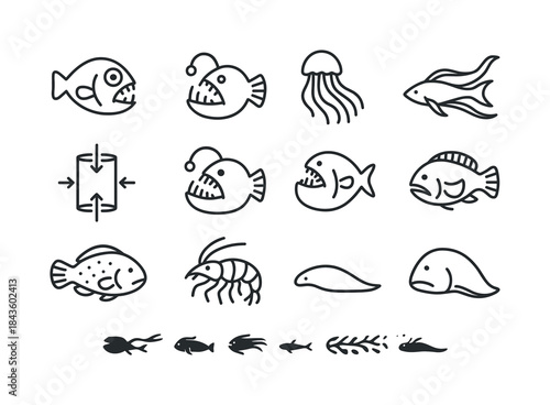 Deep Sea Icon Set. Aquatic creatures in extreme environments (de