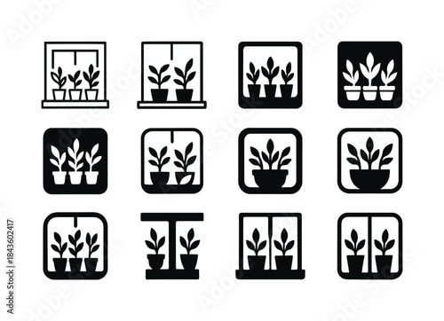 Herb Icon Set. Growing herbs on a windowsill. Icon set. Set Logo