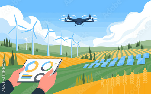 A drone captured above a solar-powered farm with wind turbines, symbolizing innovation, sustainability, and the intersection of technology and agriculture.