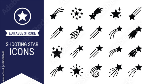 Shooting star icons set with editable stroke, meteor symbols, sparkle effects, cosmic star shapes for astronomy, fantasy, and space themed vector design