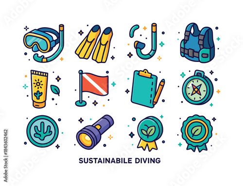 Sustainable Diving Icons. Sustainable diving. Colorful isometric