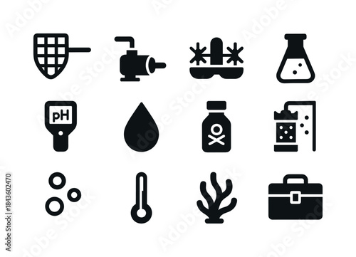 Aquatic Tools Icons. Aquatic Management Tools. Solid icon set of