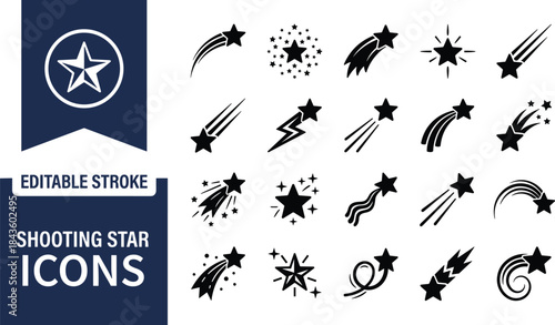 Shooting star icons set with editable stroke, meteor trails, sparkle effects, cosmic symbols for space, astronomy, fantasy themed vector design