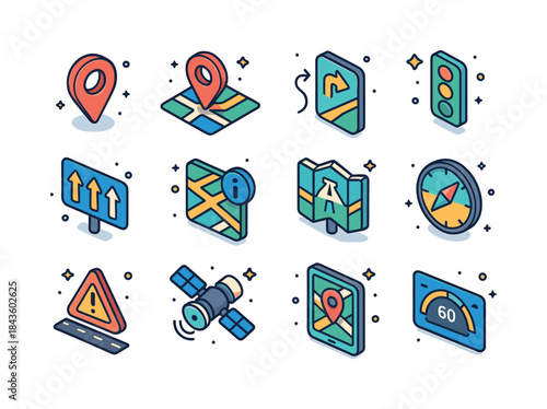 Colorful Navigation Icons. Navigation systems. Colorful isometri