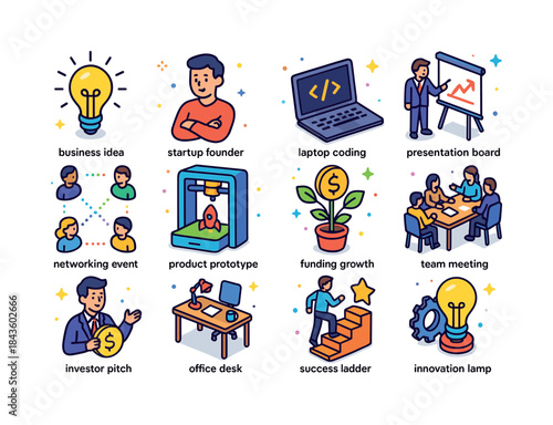 Entrepreneurship Icons Grid. Entrepreneurship. Colorful isometri
