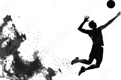Volleyball player silhouette jumping to spike ball, energetic sports action with splash effect, dynamic motion scene for competition, athletic performance, and modern vector illustration