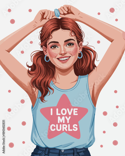 A joyful girl is proudly showcasing her curls in this vibrant illustration, embodying confidence and self-love through her cheerful expression and style.