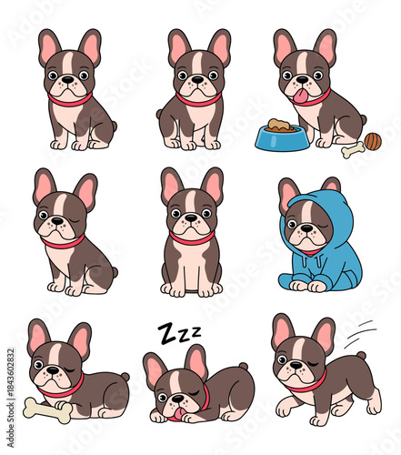 A delightful collection of adorable French Bulldog puppies, showcasing their playful antics and various poses, perfect for animal lovers and pet enthusiasts who appreciate charm.