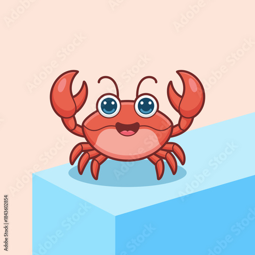 A vibrant cartoon crab with a playful smile, set against a simple background, perfectly capturing the joy and fun of marine life in a whimsical style.