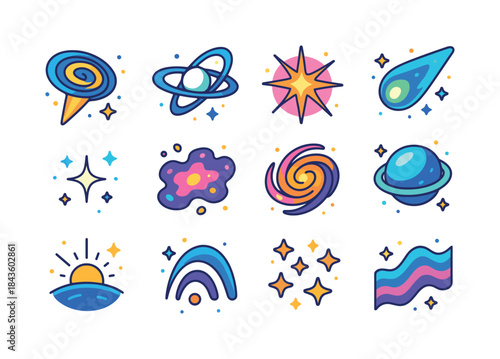 Colorful Cosmic Icons. Extraterrestrial light. Colorful isometri