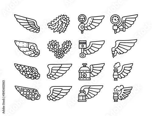 Steampunk Wing Icons. Steampunk mechanical wings. Line icon set