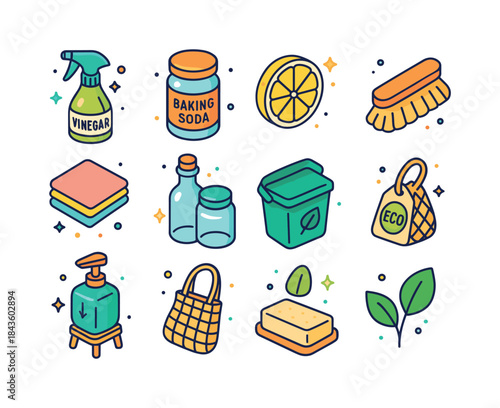 Eco-Friendly Cleaning Icons. Eco-friendly cleaning. Colorful iso