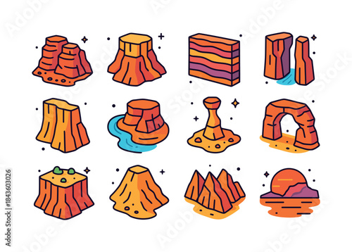 Colorful Canyon Icons. Canyons and Cliffs. Colorful isometric ve