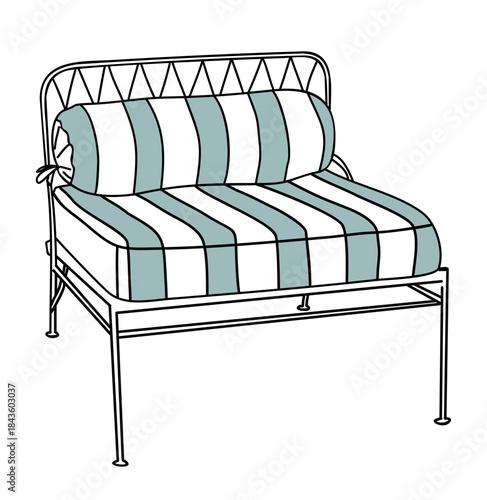 Clean line illustration of a vintage outdoor lounge chair with geometric metal frame and striped cushions, modern minimalist style.