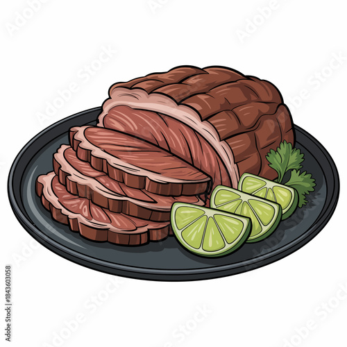 A beautifully arranged platter featuring slices of roast beef, accompanied by fresh lime wedges and cilantro, emphasizing the delightful presentation of the dish.