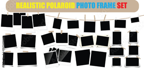 Polaroid photo frame set mockup template collection blank instant picture display hanging on string with tape