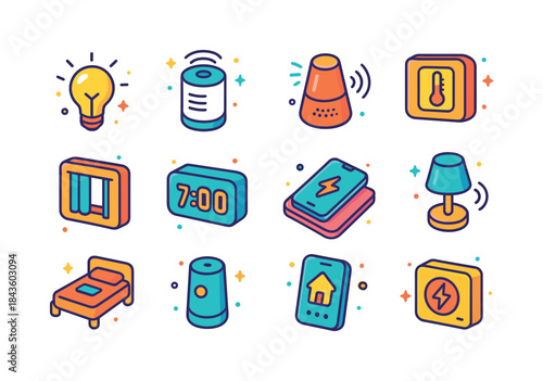 Smart Bedroom Icons. Smart home bedroom. Colorful isometric vect