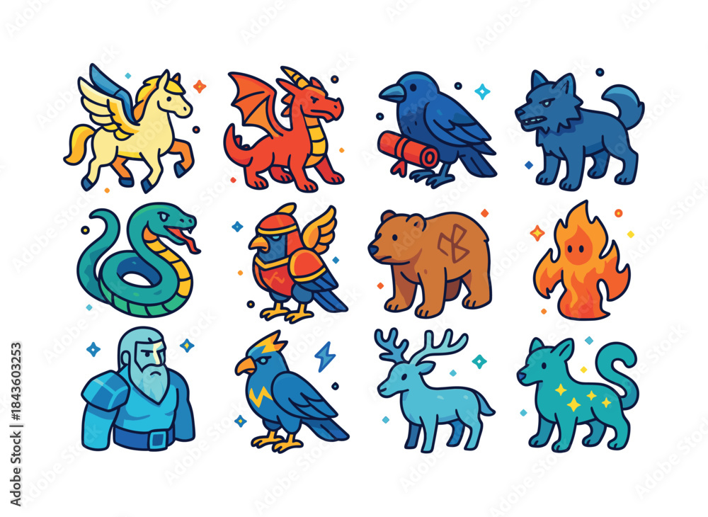 Obraz premium Mythical Creature Icons. Mythic Creatures. Colorful isometric ve