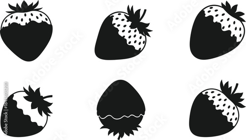 Collection of minimalist black and white vector illustrations depicting six sweet strawberries, some partially covered in a contrasting white glaze, ideal for culinary and dessert-themed projects
